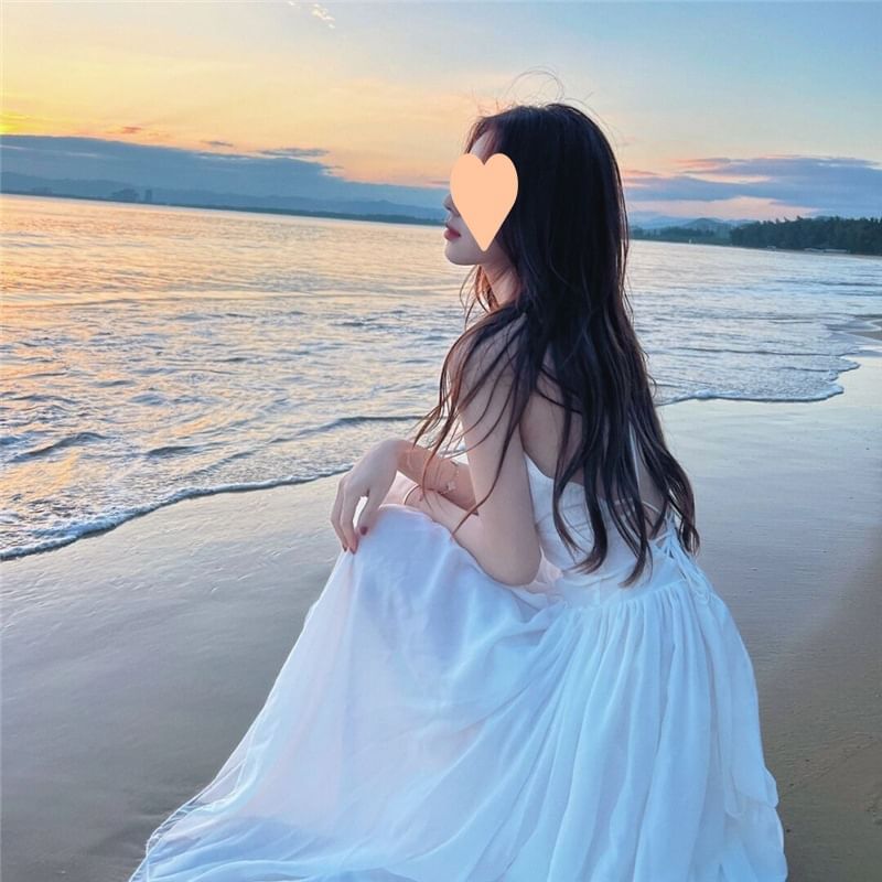 Open Sundress Back Lace-Up Maxi Plain Spaghetti Strap