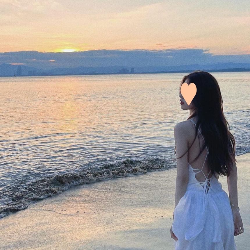 Open Sundress Back Lace-Up Maxi Plain Spaghetti Strap