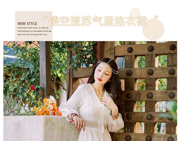 Puff-Sleeve V-Neck Maxi Dress Plain Lace A-Line Trim