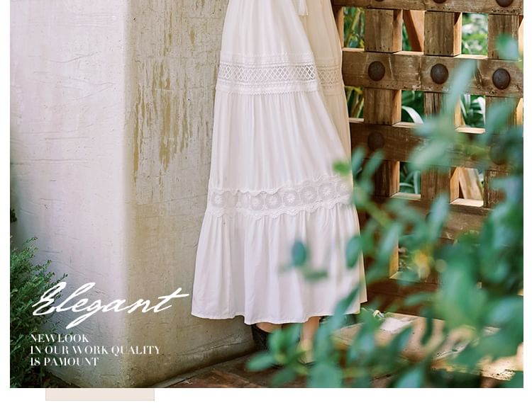 Puff-Sleeve V-Neck Maxi Dress Plain Lace A-Line Trim