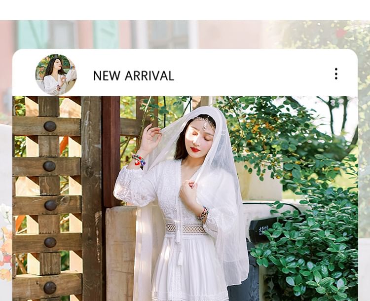 Puff-Sleeve V-Neck Maxi Dress Plain Lace A-Line Trim