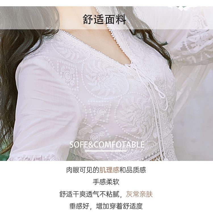 Puff-Sleeve V-Neck Maxi Dress Plain Lace A-Line Trim