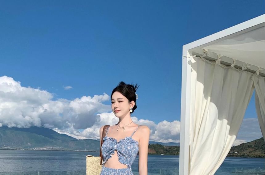 Strap Floral Spaghetti Sundress Maxi Cutout