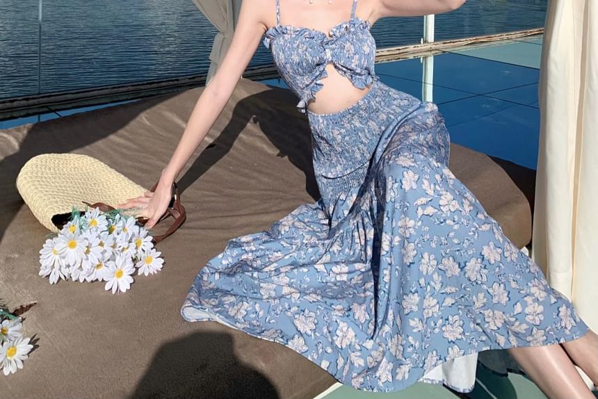 Strap Floral Spaghetti Sundress Maxi Cutout