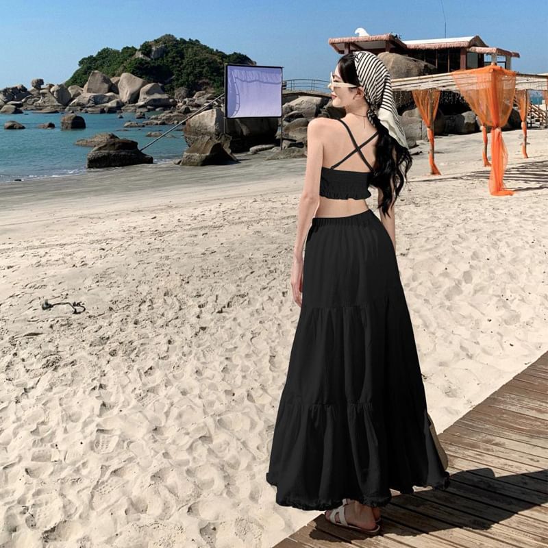 Ruffle Maxi Set: + Waist Skirt Cropped High A-Line Plain Top Cami