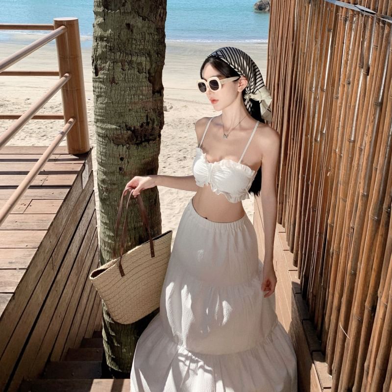 Ruffle Maxi Set: + Waist Skirt Cropped High A-Line Plain Top Cami