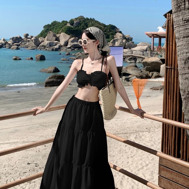 Ruffle Maxi Set: + Waist Skirt Cropped High A-Line Plain Top Cami