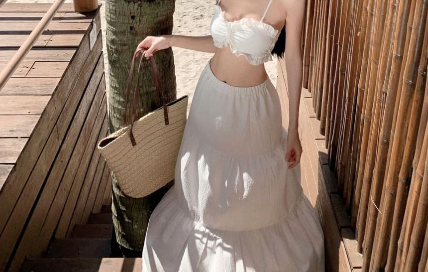 Ruffle Maxi Set: + Waist Skirt Cropped High A-Line Plain Top Cami