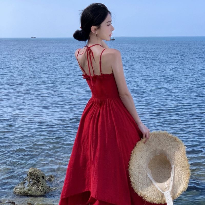 Sundress Strap Maxi Spaghetti Flower Plain Detail Ruffle