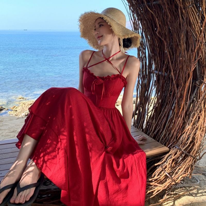 Sundress Strap Maxi Spaghetti Flower Plain Detail Ruffle