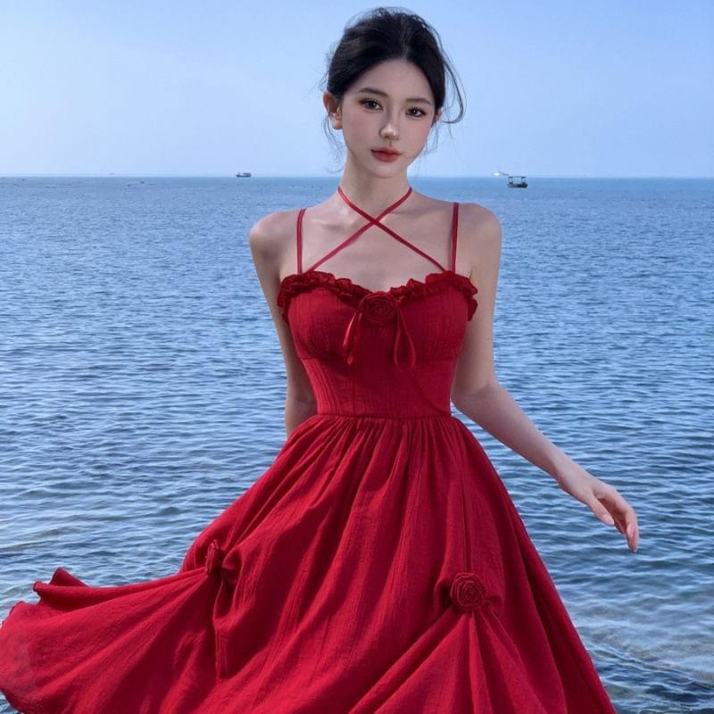 Sundress Strap Maxi Spaghetti Flower Plain Detail Ruffle