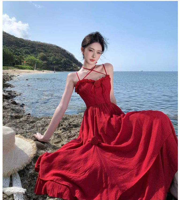 Sundress Strap Maxi Spaghetti Flower Plain Detail Ruffle