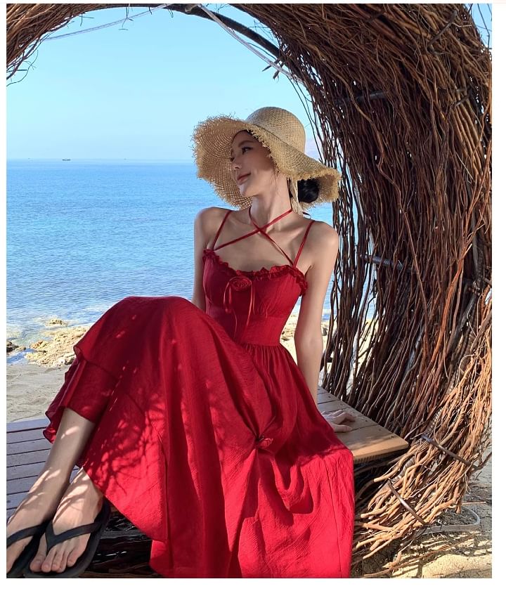 Sundress Strap Maxi Spaghetti Flower Plain Detail Ruffle