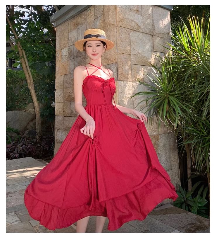 Sundress Strap Maxi Spaghetti Flower Plain Detail Ruffle