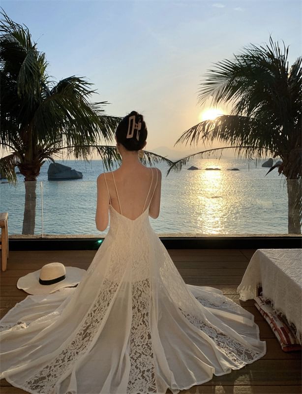 Maxi Open Back Spaghetti Plain Lace Sundress Strap Panel