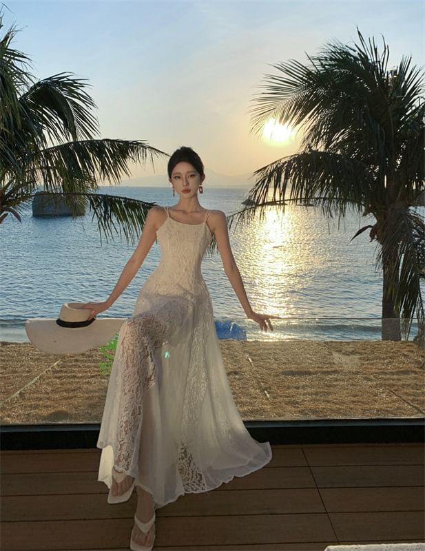 Maxi Open Back Spaghetti Plain Lace Sundress Strap Panel