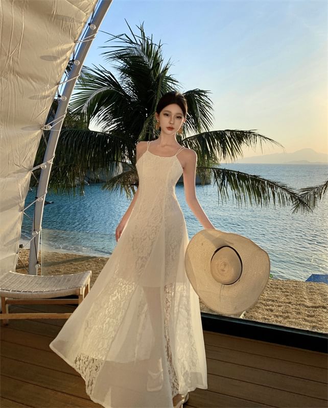 Maxi Open Back Spaghetti Plain Lace Sundress Strap Panel