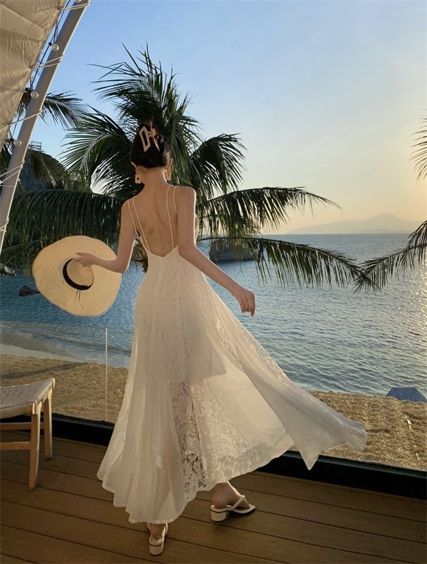 Maxi Open Back Spaghetti Plain Lace Sundress Strap Panel