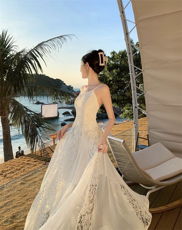 Maxi Open Back Spaghetti Plain Lace Sundress Strap Panel