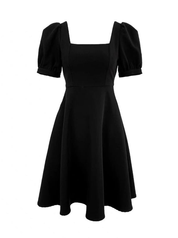 Mini Puff Dress A-Line Plain Square Sleeve Neck