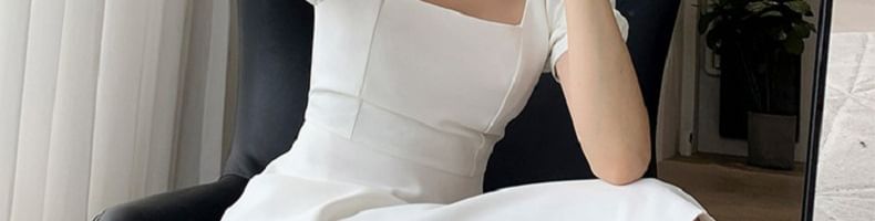 Mini Puff Dress A-Line Plain Square Sleeve Neck