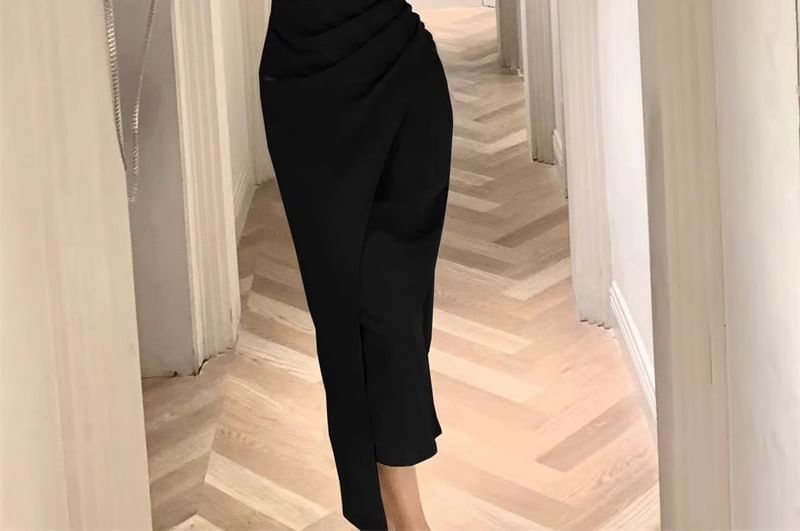 Sleeveless Sheath Midi Square Ruched Plain Neck Dress