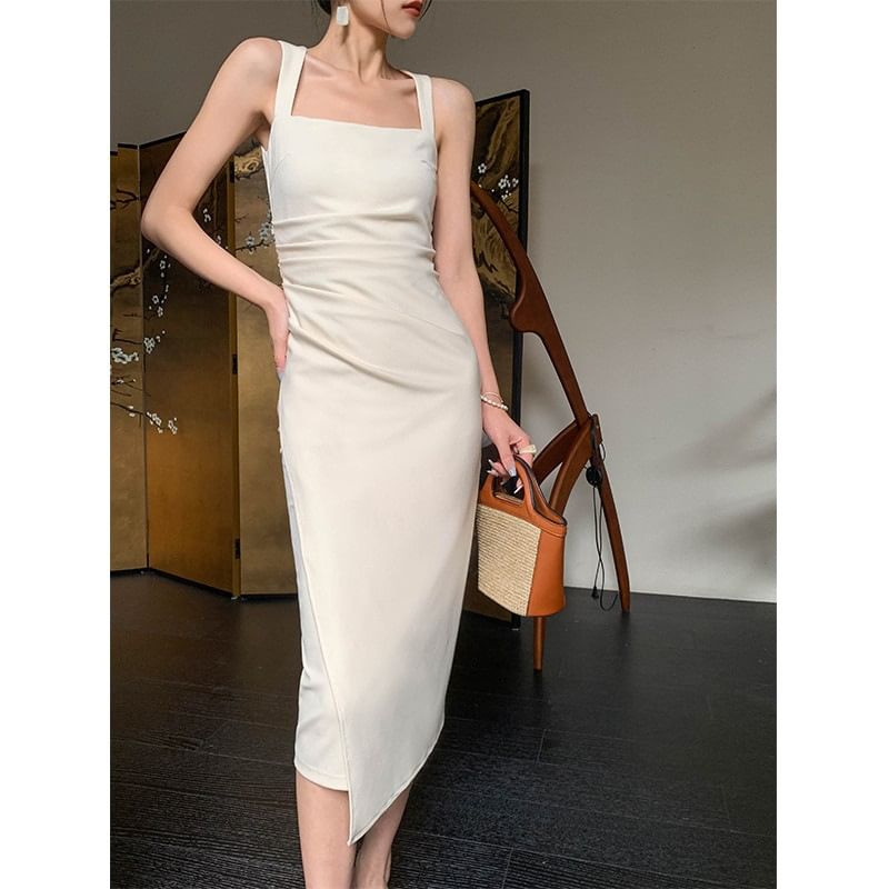 Sleeveless Square Neck Plain Ruched Midi Sheath Dress