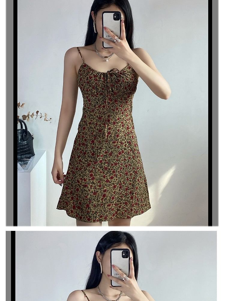 Mini Dress Strap Floral A-Line Spaghetti Front Tie Print