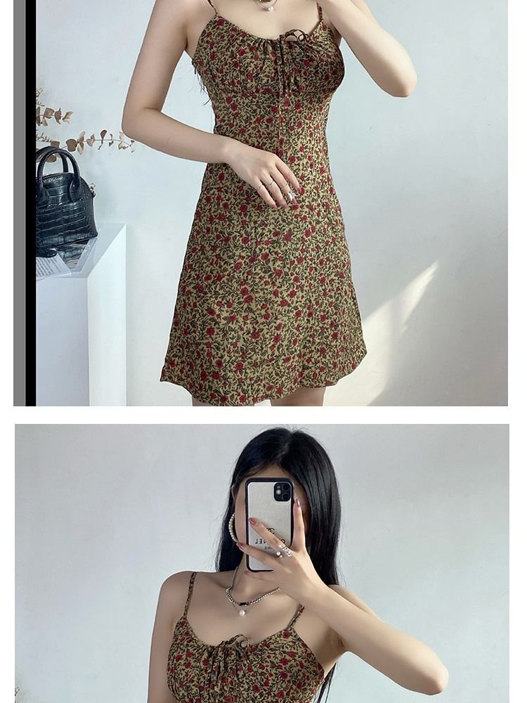 Mini Dress Strap Floral A-Line Spaghetti Front Tie Print