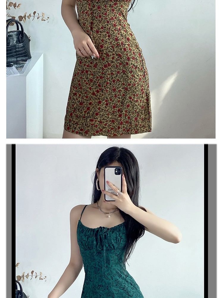 Spaghetti Strap Floral Print Tie Front Mini A-Line Dress
