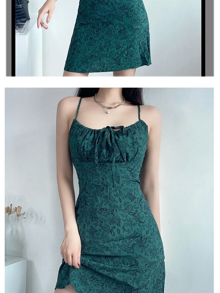 Mini Dress Strap Floral A-Line Spaghetti Front Tie Print
