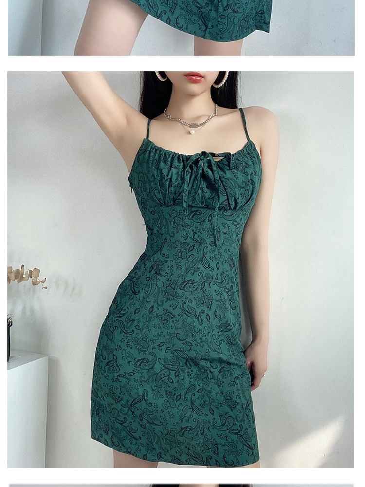 Mini Dress Strap Floral A-Line Spaghetti Front Tie Print