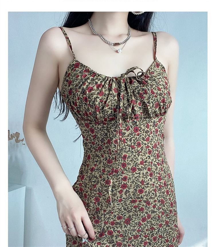 Mini Dress Strap Floral A-Line Spaghetti Front Tie Print