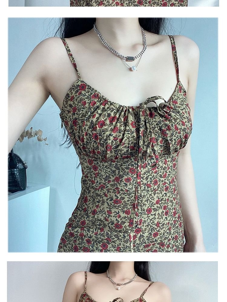 Mini Dress Strap Floral A-Line Spaghetti Front Tie Print