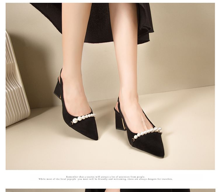 Block Slingback Sandals Pointed Beaded Heel