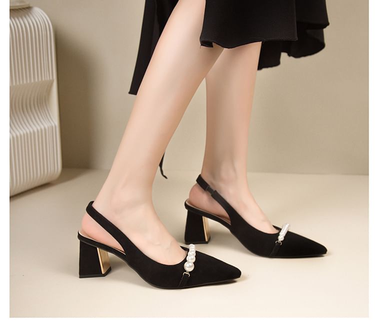 Block Slingback Sandals Pointed Beaded Heel