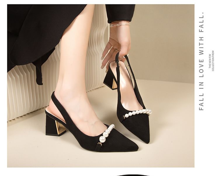 Block Slingback Sandals Pointed Beaded Heel