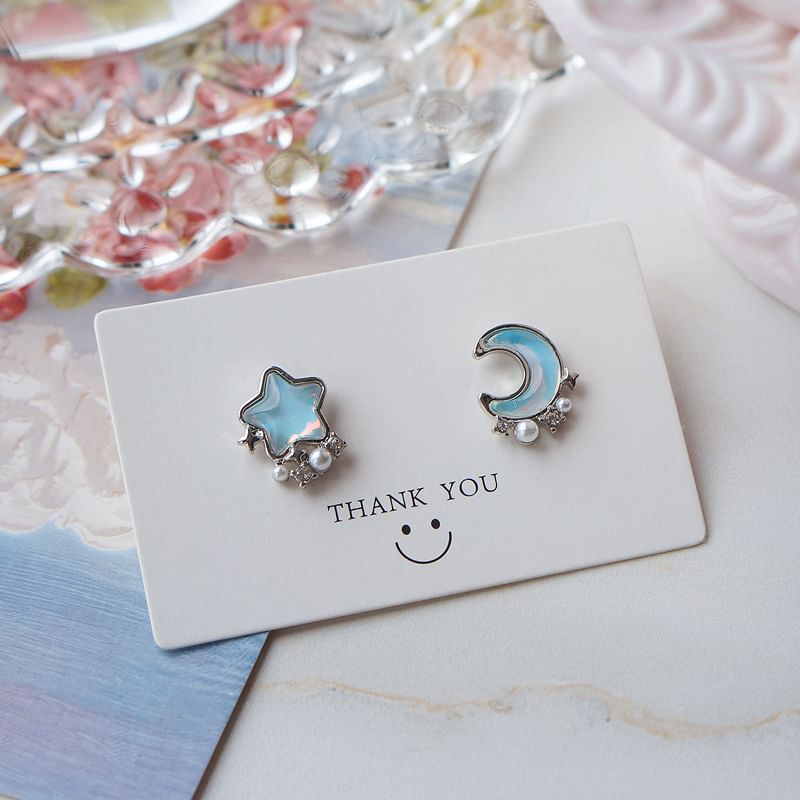 Stud Star Earring Alloy Asymmetrical Moon