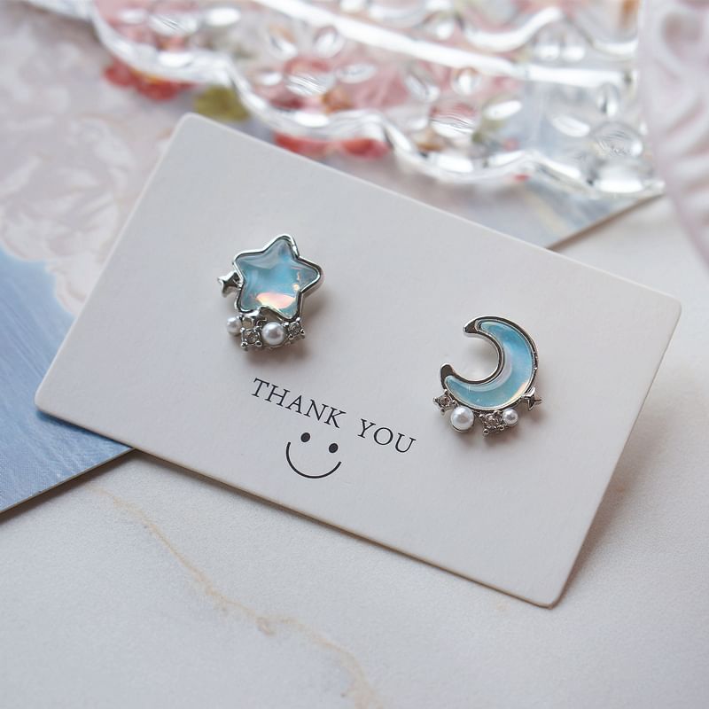 Stud Star Earring Alloy Asymmetrical Moon