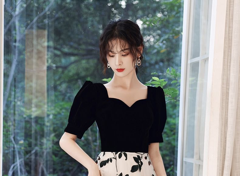 Panel Dress Short-Sleeve Evening Embroidered Neckline Sweetheart Cocktail Gown Floral A-Line /