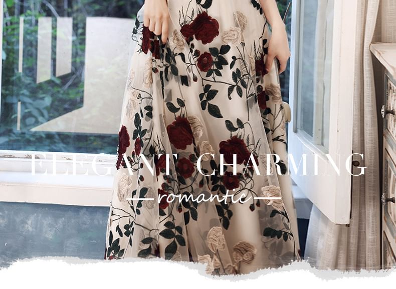 Panel Dress Short-Sleeve Evening Embroidered Neckline Sweetheart Cocktail Gown Floral A-Line /