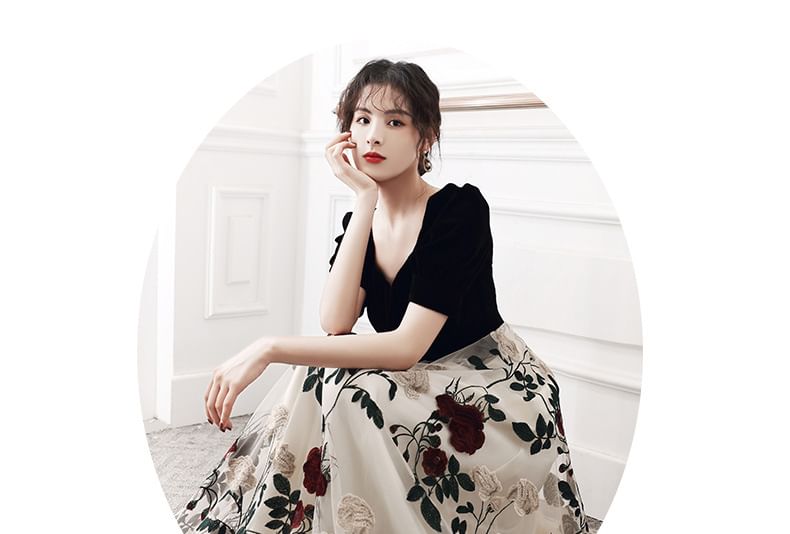 Panel Dress Short-Sleeve Evening Embroidered Neckline Sweetheart Cocktail Gown Floral A-Line /