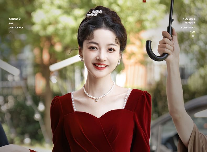 Square Panel A-Line Velvet Dress Neck Evening Gown Long-Sleeve Jacquard / Cocktail