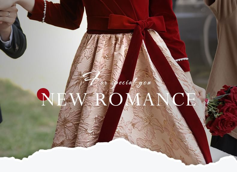 Square Panel A-Line Velvet Dress Neck Evening Gown Long-Sleeve Jacquard / Cocktail