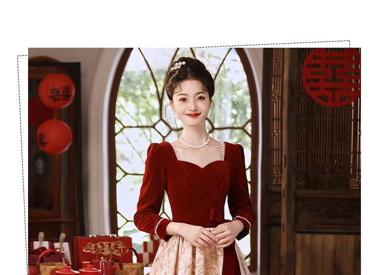 Square Panel A-Line Velvet Dress Neck Evening Gown Long-Sleeve Jacquard / Cocktail