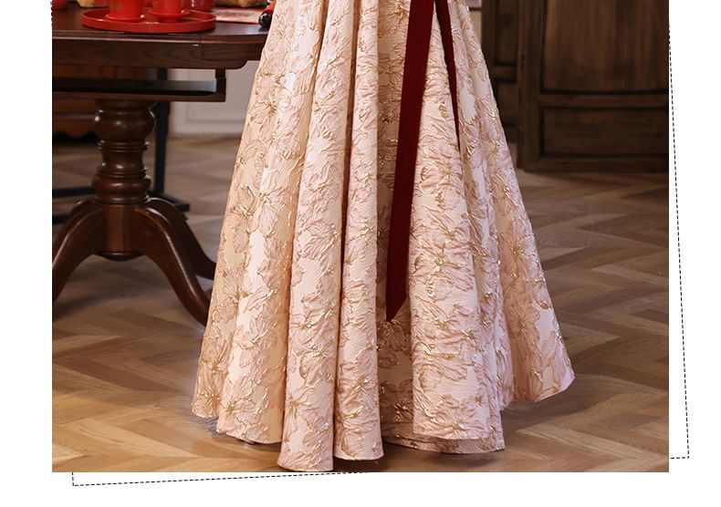 Square Panel A-Line Velvet Dress Neck Evening Gown Long-Sleeve Jacquard / Cocktail