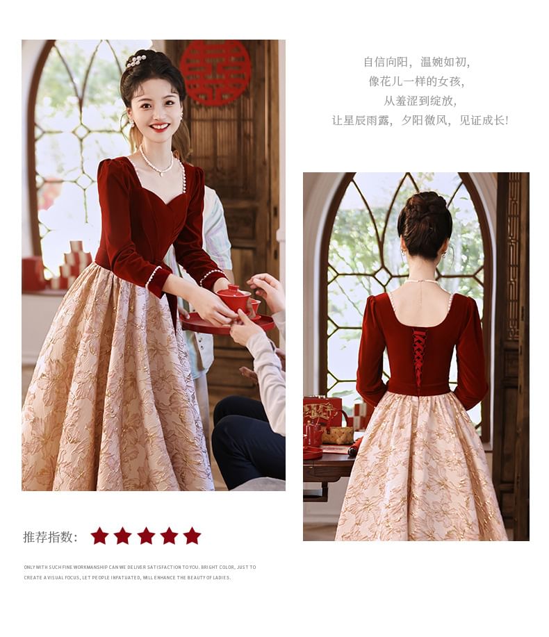 Square Panel A-Line Velvet Dress Neck Evening Gown Long-Sleeve Jacquard / Cocktail