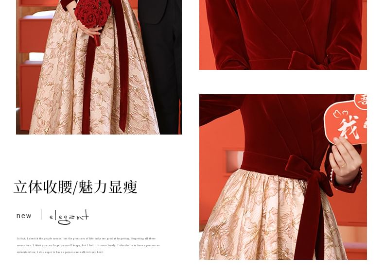 Square Panel A-Line Velvet Dress Neck Evening Gown Long-Sleeve Jacquard / Cocktail