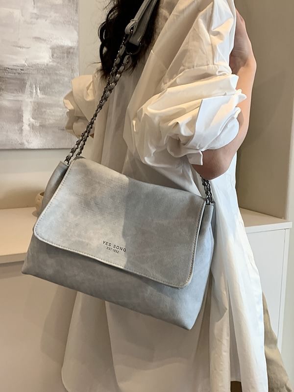 Chain Tote Strap Flap Faux Lettering Bag Leather