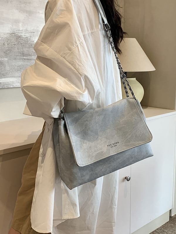 Chain Tote Strap Flap Faux Lettering Bag Leather